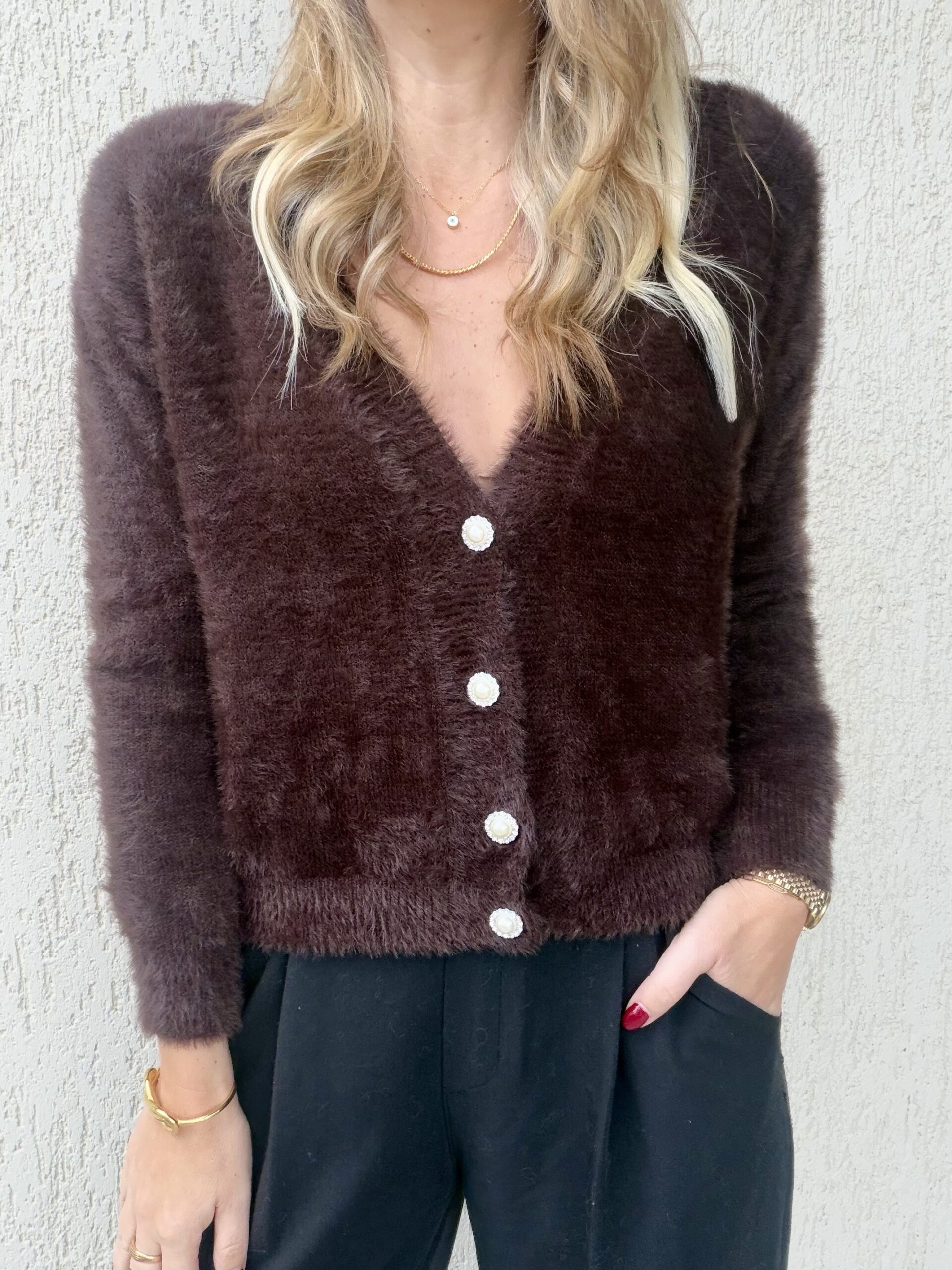 Olivia Fluffy Cardigan Brown - Image 2